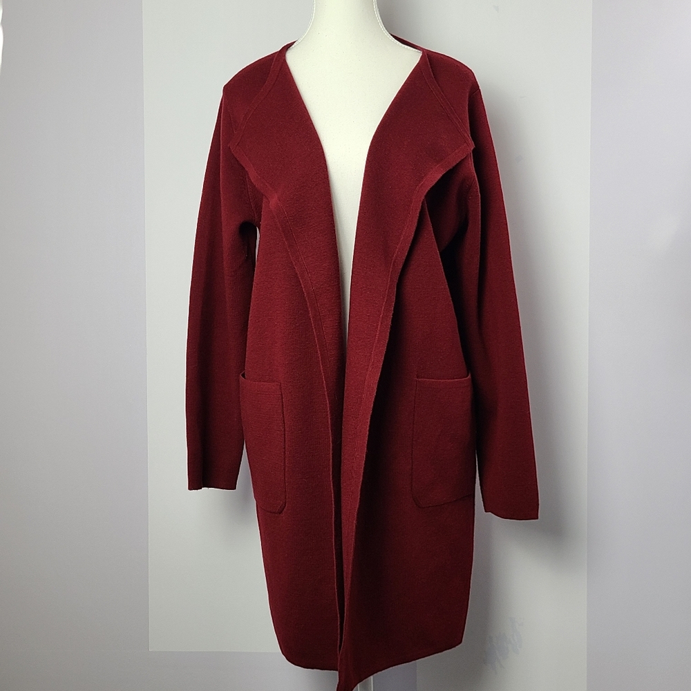 J. Crew 365 maroon open front knit merino wool blend coastal long cardigan, sz M